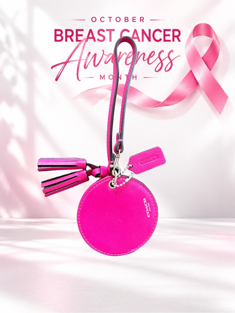 🎀 Coach Pink Legacy Mirror Bag Charm - Breast Cancer Awareness